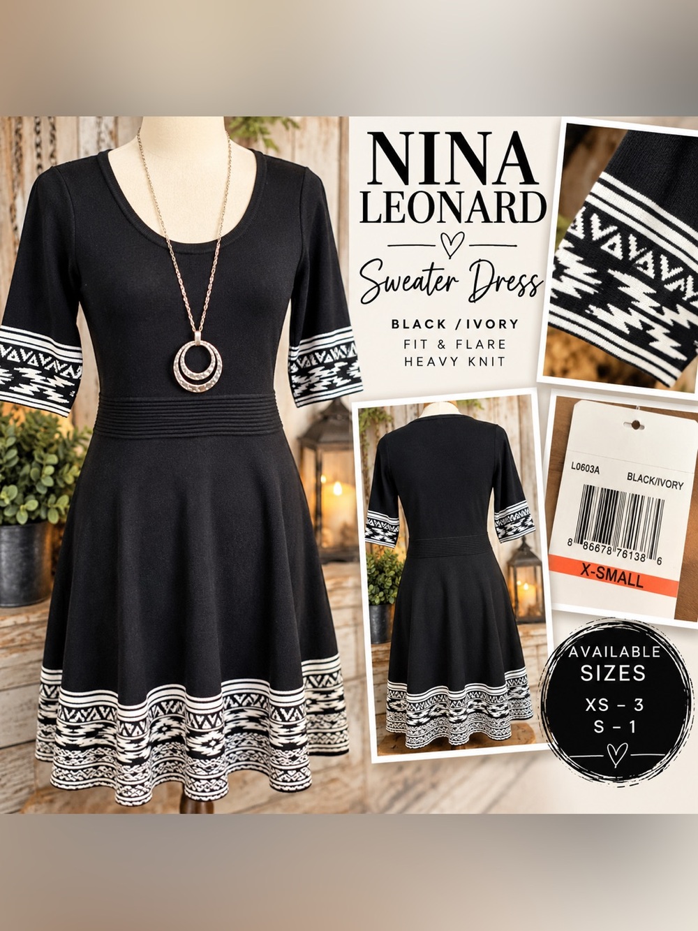 Nina Leonard Black & Ivory Fit & Flare Sweater Dress